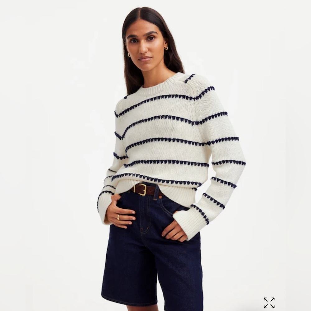 MADEWELL NWT Textured Cotton Crewneck Stripe Sweater XS Ivory/Navy SOLD OUT